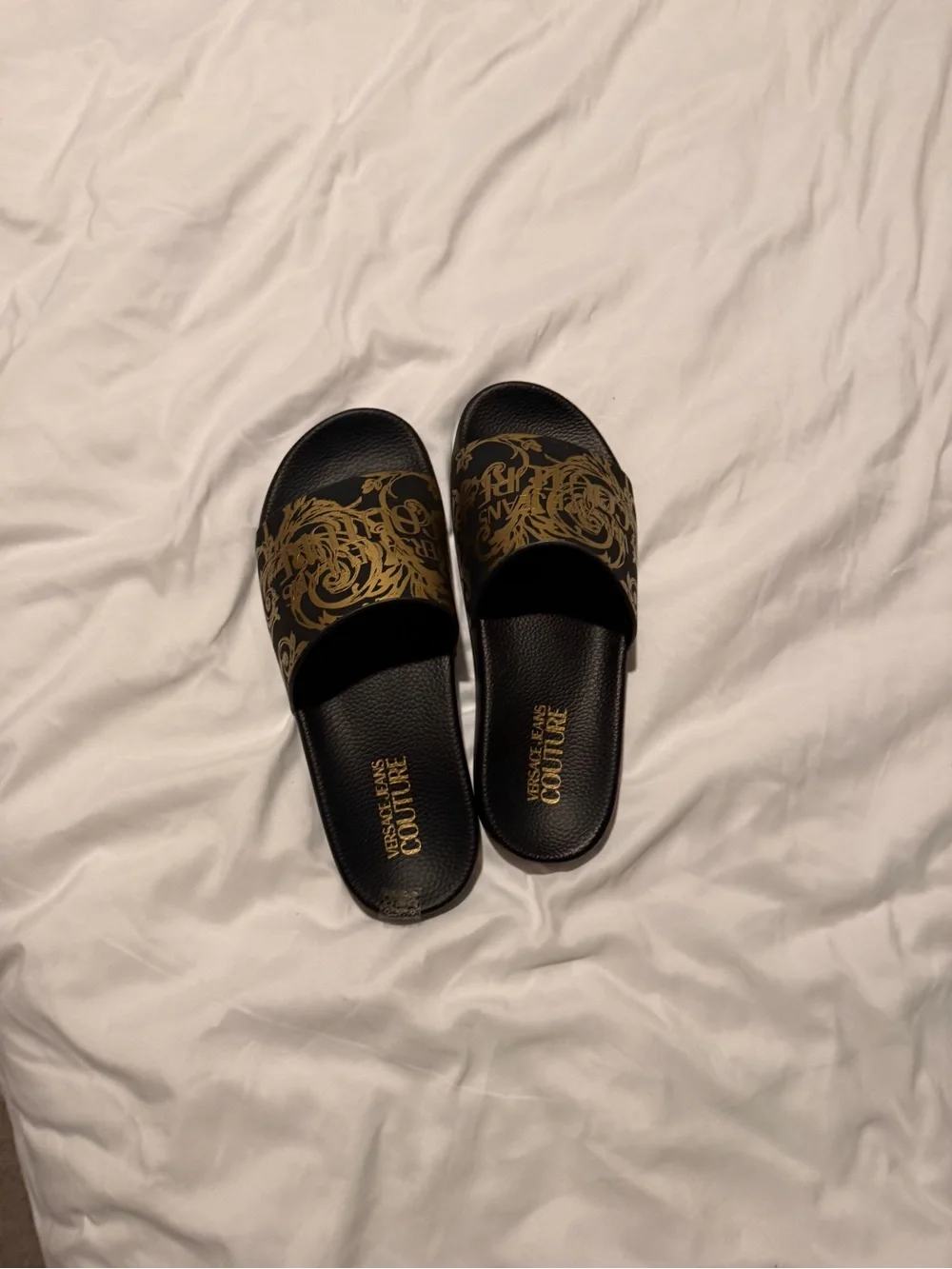 Versace Jeans Collection Black and Gold Baroque Slide Sandals